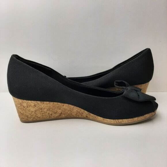 AMERICAN EAGLE AE New Peep Toe Bow Espadrille Cork Wedge Shoe Heels Black Sz 4.5 - Picture 10 of 13